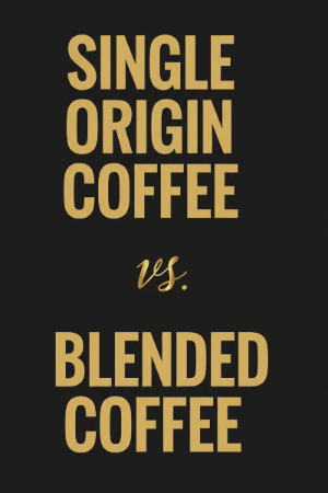 A black graphic with large gold text reading 'SINGLE ORIGIN COFFEE vs. BLENDED COFFEE'.