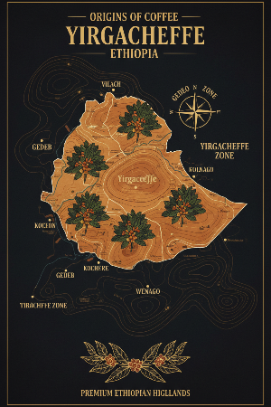 A stylized coffee origin poster for Yirgacheffe Ethiopia, showing a tan map of Ethiopia with illustrated coffee plants, labeled regions, a compass rose, and decorative text on a dark background.