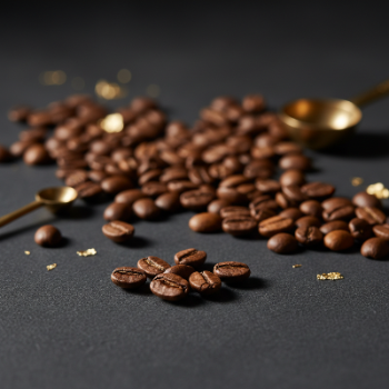 Roasted coffee beans scattered on a dark surface with small gold spoons and gold flakes.
