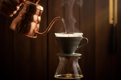 A hand holds a copper gooseneck kettle pouring hot water into a dark gray ceramic pour-over coffee cone with a white paper filter, set above a glass carafe on a dark wooden background.
