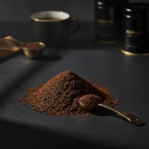 A small pile of dark brown ground coffee sits on a dark surface, with a spoon holding some of the coffee granules in the foreground and blurred black canisters and a cup in the background.