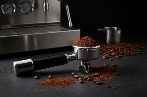 A metal portafilter filled with ground coffee sits on a dark surface with scattered coffee beans and loose coffee powder, with part of a stainless steel espresso machine visible in the background.