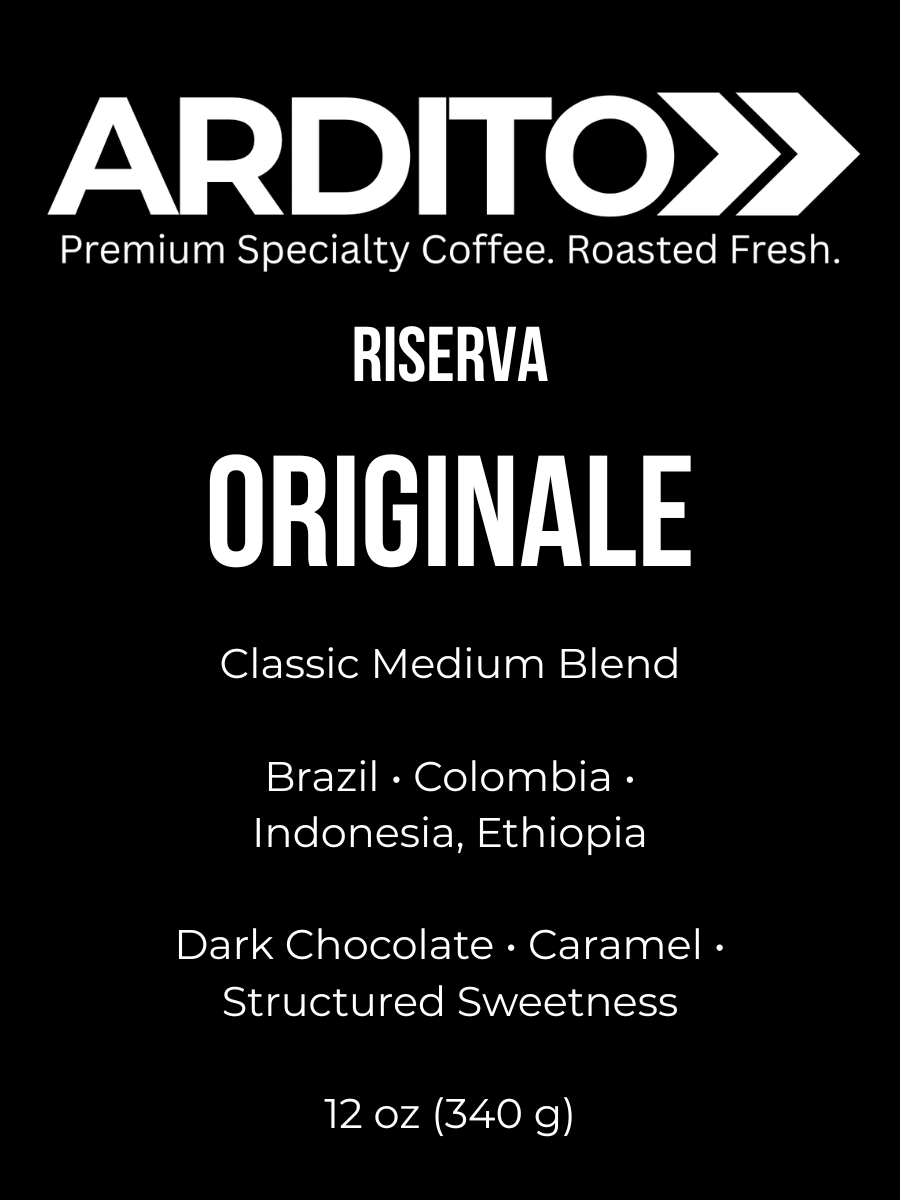 Ardito Riserve Originale — Classic Medium Blend, Brazil Colombia Indonesia Ethiopia, Dark Chocolate Caramel, 12oz