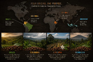 four origins of coffee farms one purpose poster featuring Brazil, Colombia, Ethiopia, and Indonesia 