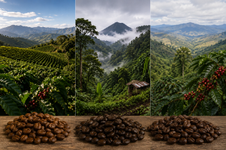 poster of 3 different landscapes of coffee farms with roasted coffee beans