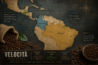 Ardito Riserva Velocita latte blend coffee bag packaging with flavor notes of chocolate, caramel, and roasted nuts with map of south america
