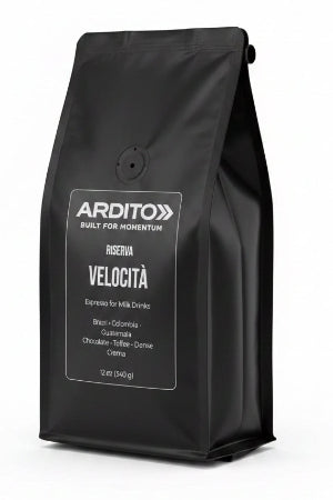 Ardito Riserve Velocità coffee bag — espresso for milk drinks, Brazil Colombia Guatemala, chocolate toffee dense crema, 12oz
